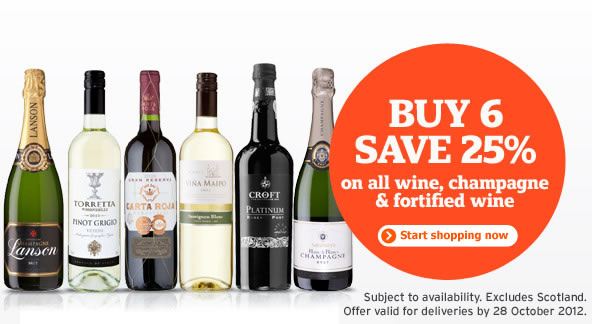 Sainsburys Wine - Buy 6 bottles and save 25% (for deliveries from 19-28 October)